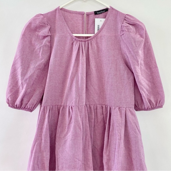 NWT Boohoo Puffball High Waist Mini Smock Dress Petite Purple 0 - Picture 3 of 12